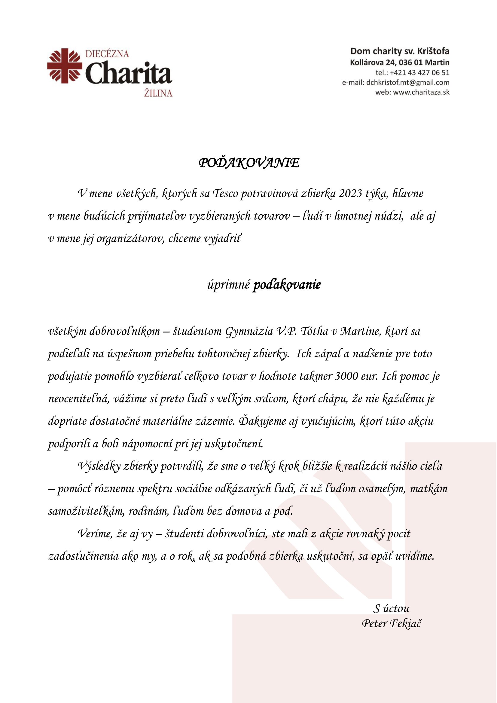 Poďakovanie študentom GVPT